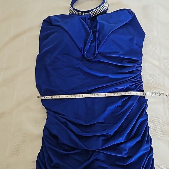 Jovani Rushed Halter Neckline With Faux Pearl Maxi Dress With Side Slit 12 Blue - Picture 13 of 16